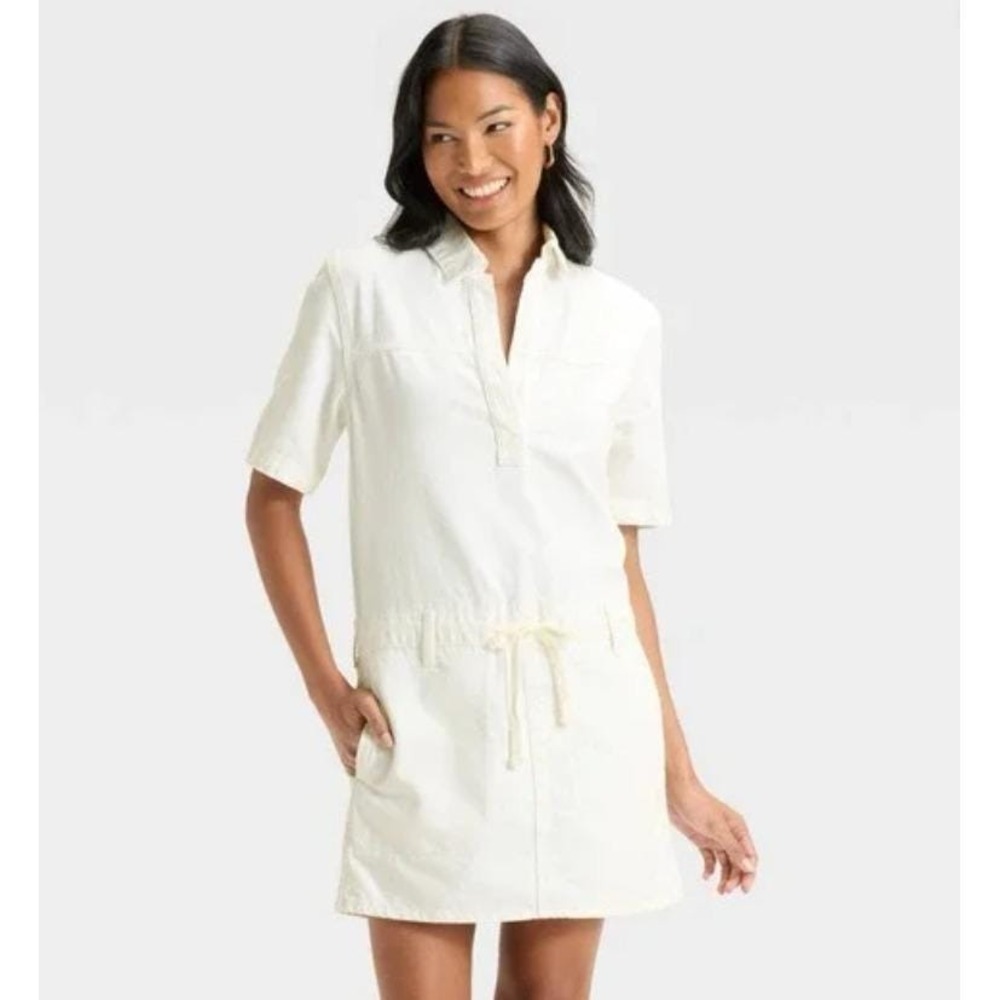 Women's Universal Thread Short Sleeve Drop Waist Drawstring Denim Mini Dress L - Picture 1 of 5